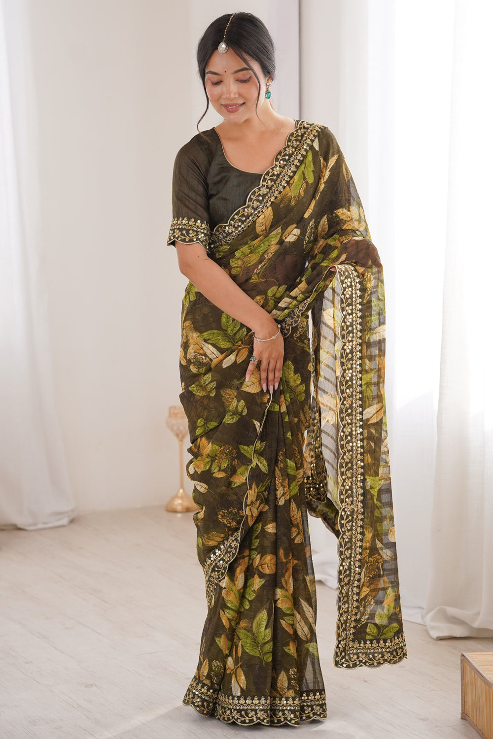 Green Pure Georgette Floral Print Sequins Saree 