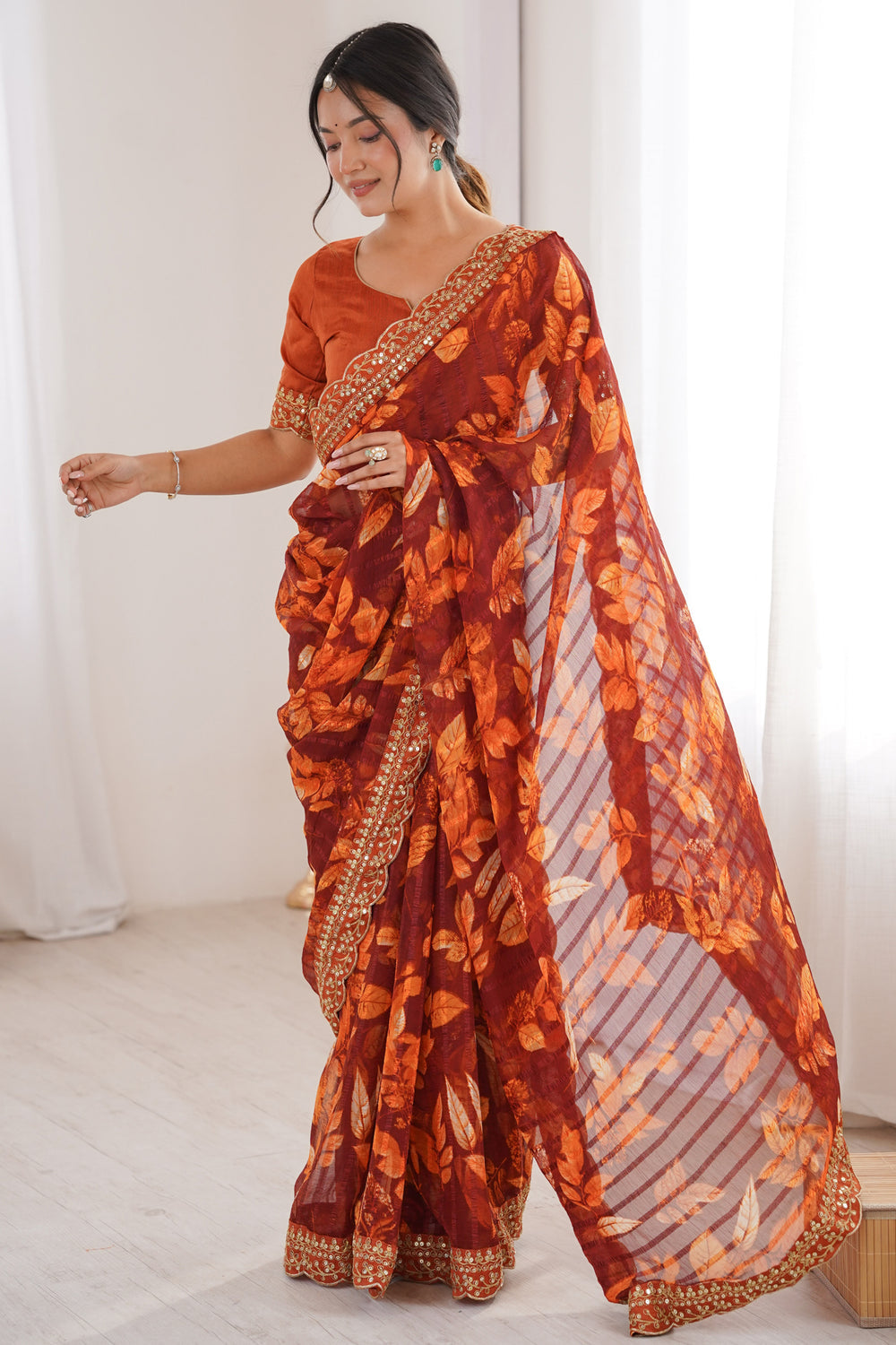 Rust Pure Georgette Floral Print Sequins Saree 