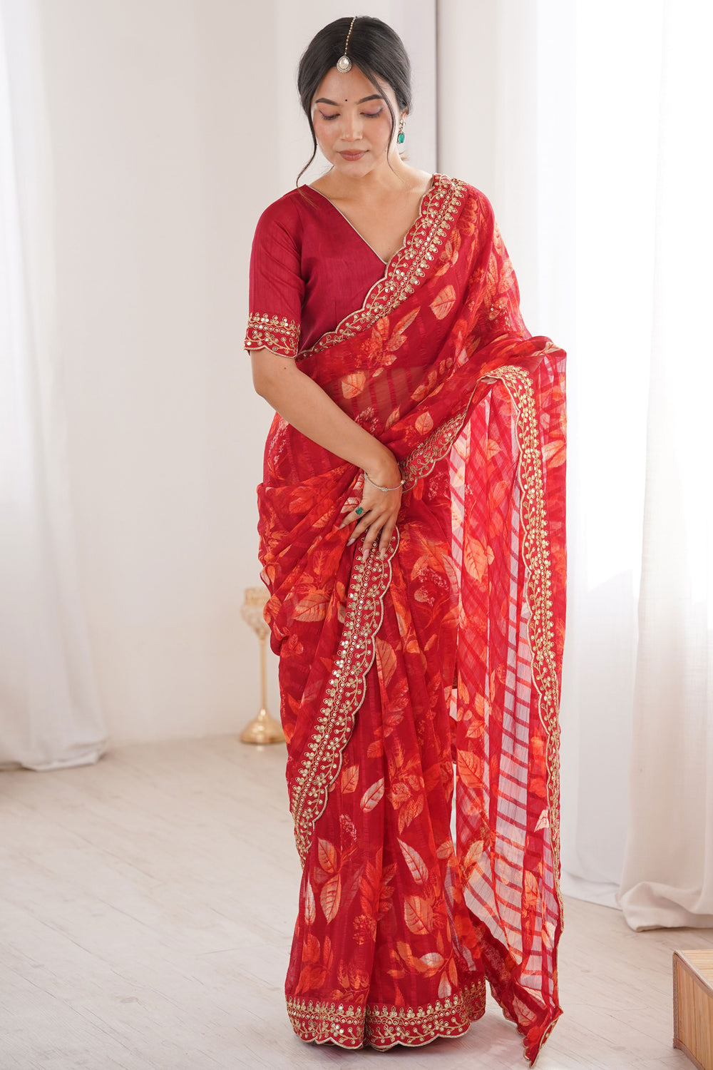 Red Pure Georgette Floral Print Sequins Saree 