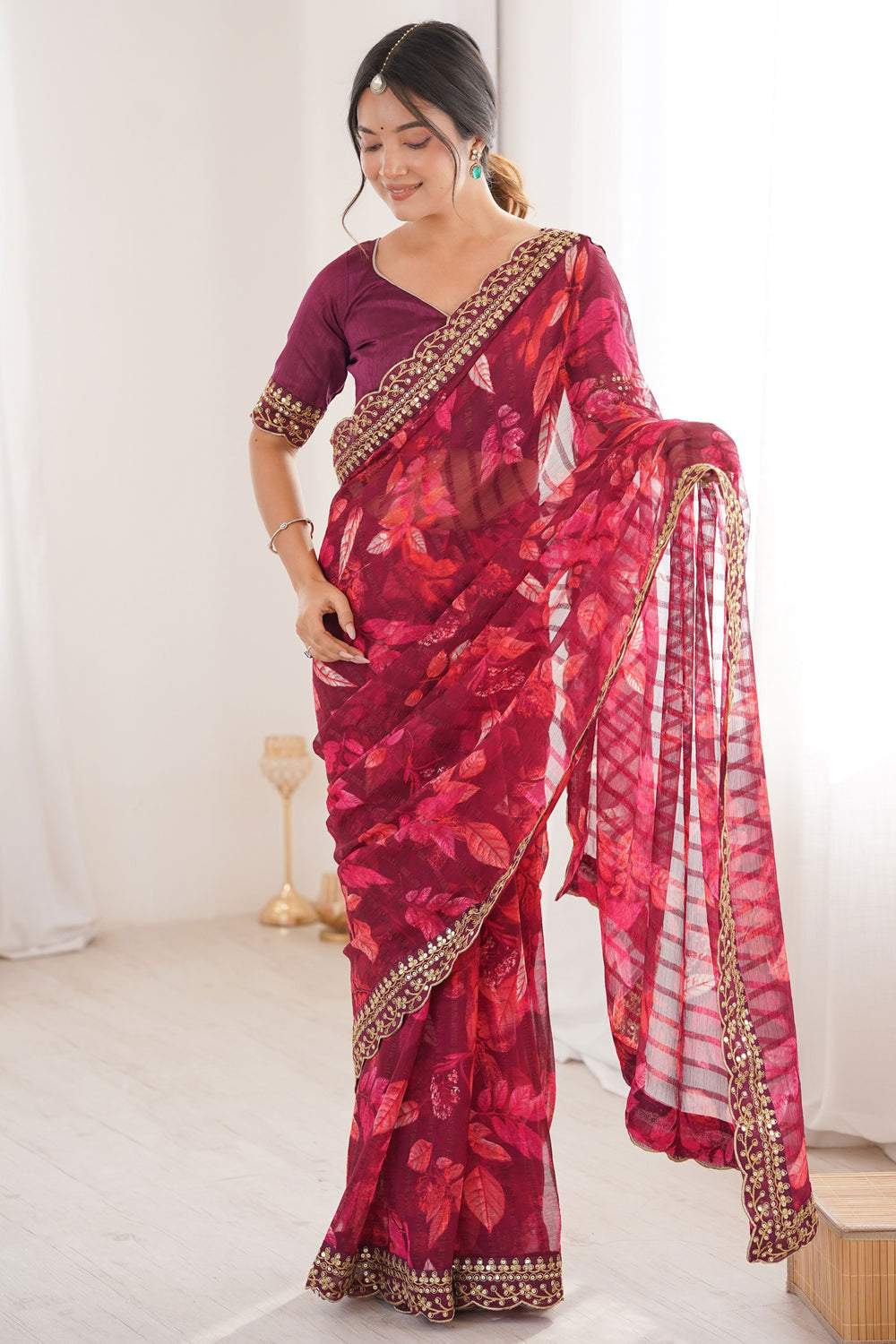 Wine Pure Georgette Floral Print Sequins Saree 