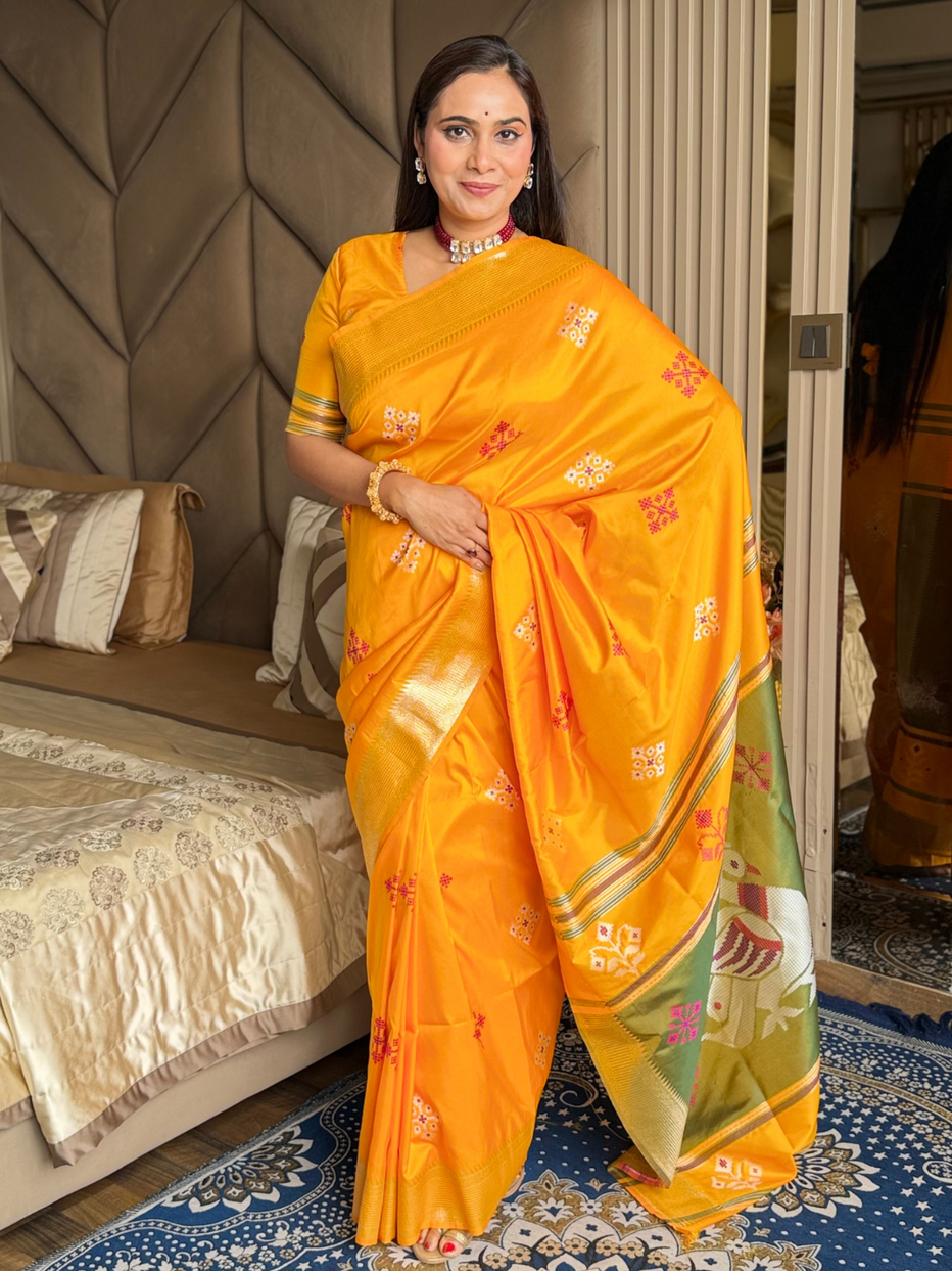 Orange Soft Silk Ikkat Zari Patola Soft Silk Saree