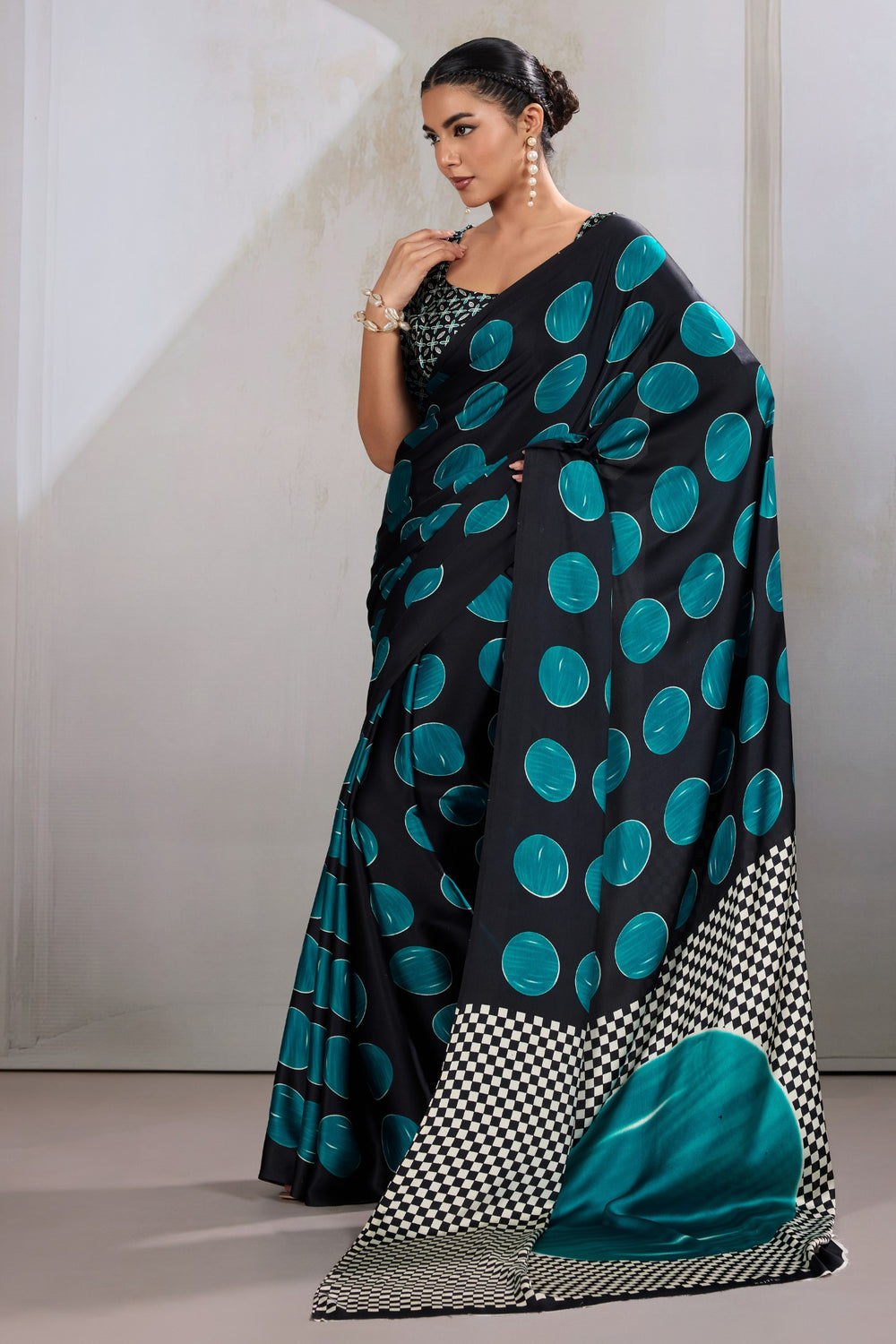 Havelock Blue Printed Polka Dots Satin Crepe Saree 