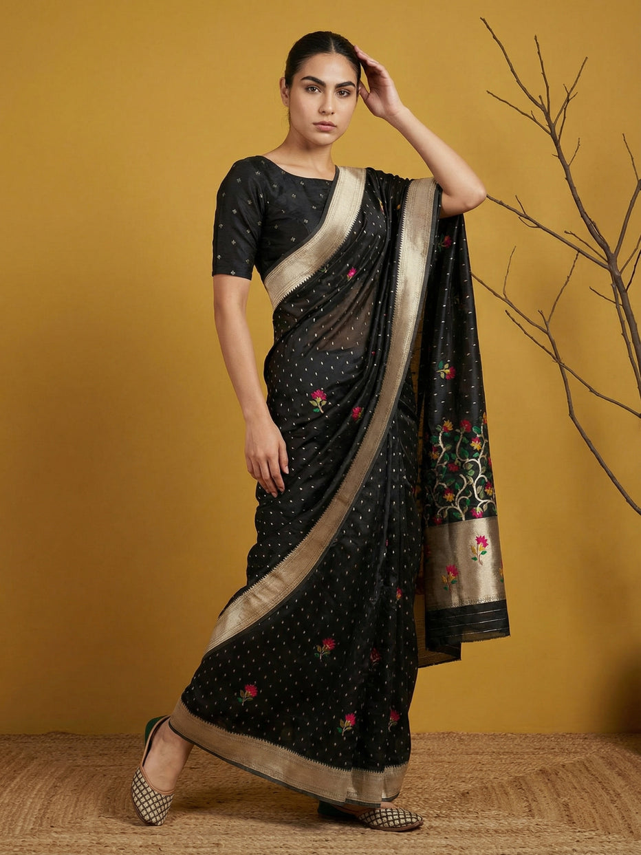 Black Pure Organza Silk Meenakari Jamdani Zari Woven Organza Saree