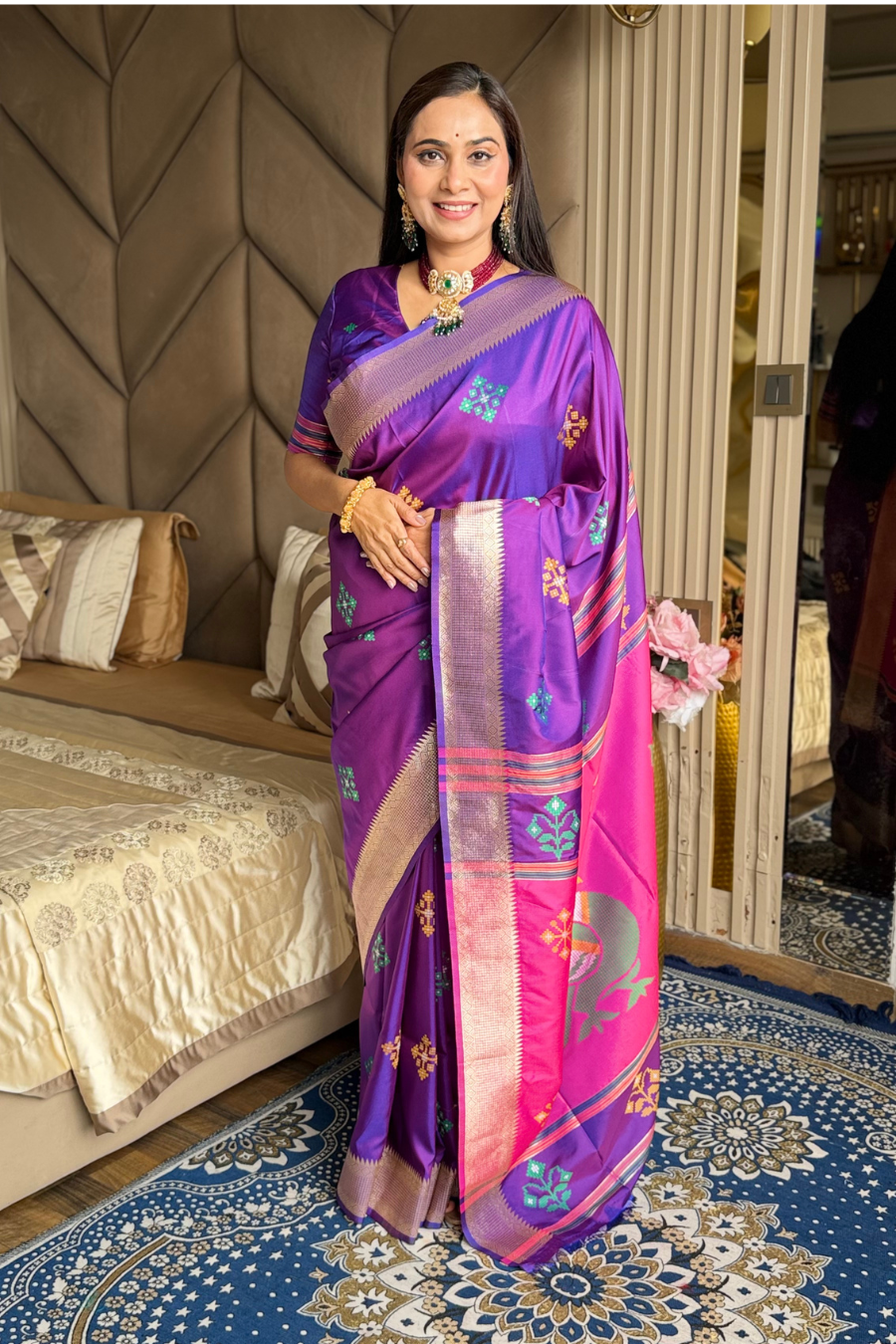 Violet Soft Silk Ikkat Zari Patola Soft Silk Saree