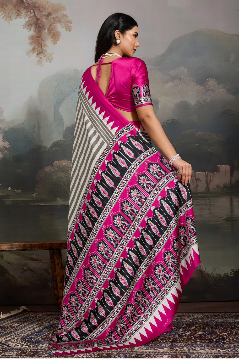 White and Pink Pure Ajrakh Printed Satin Crepe Silk Saree ##color## Floral Printed Saree with premium fabric and embroidery