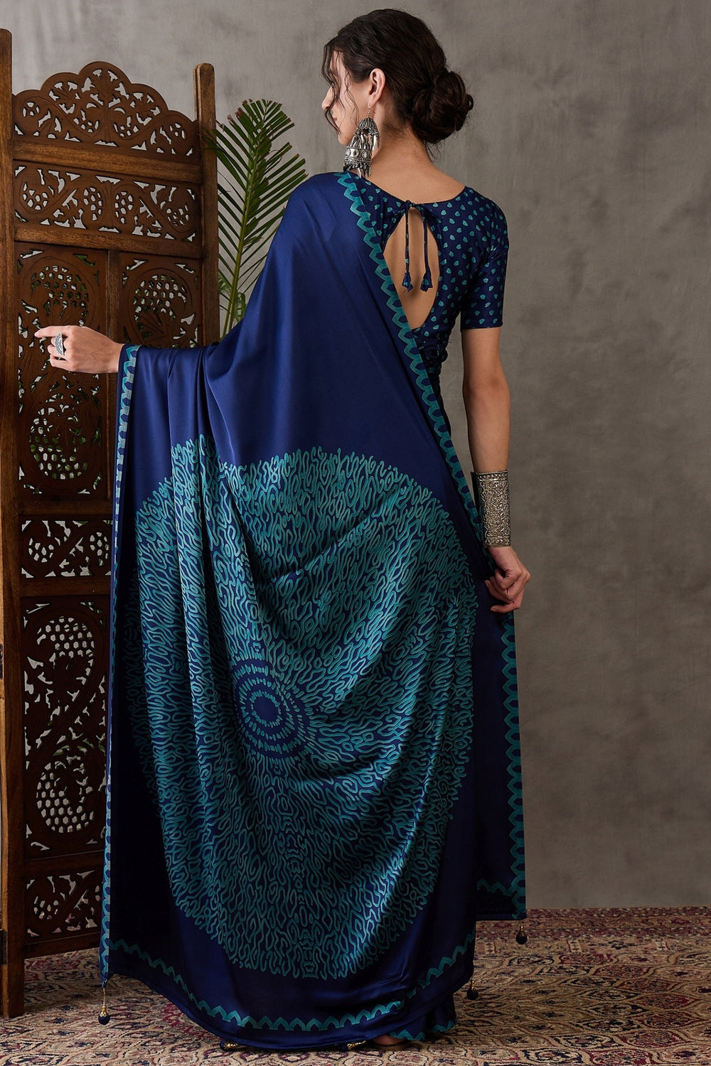 Blue Pure Gaji Silk Satin Printed Saree