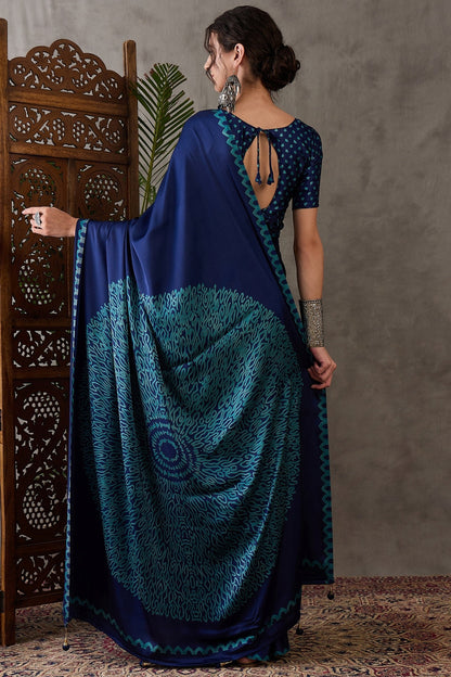 Blue Pure Gaji Silk Satin Printed Saree