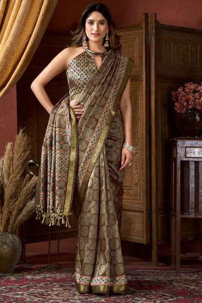 Forest Green Pure Cluster Silk Ajarkh Digital Printed Saree 
