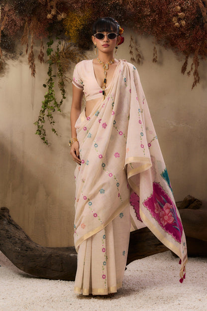 Cream Pure Soft Handloom Muga Cotton Saree 
