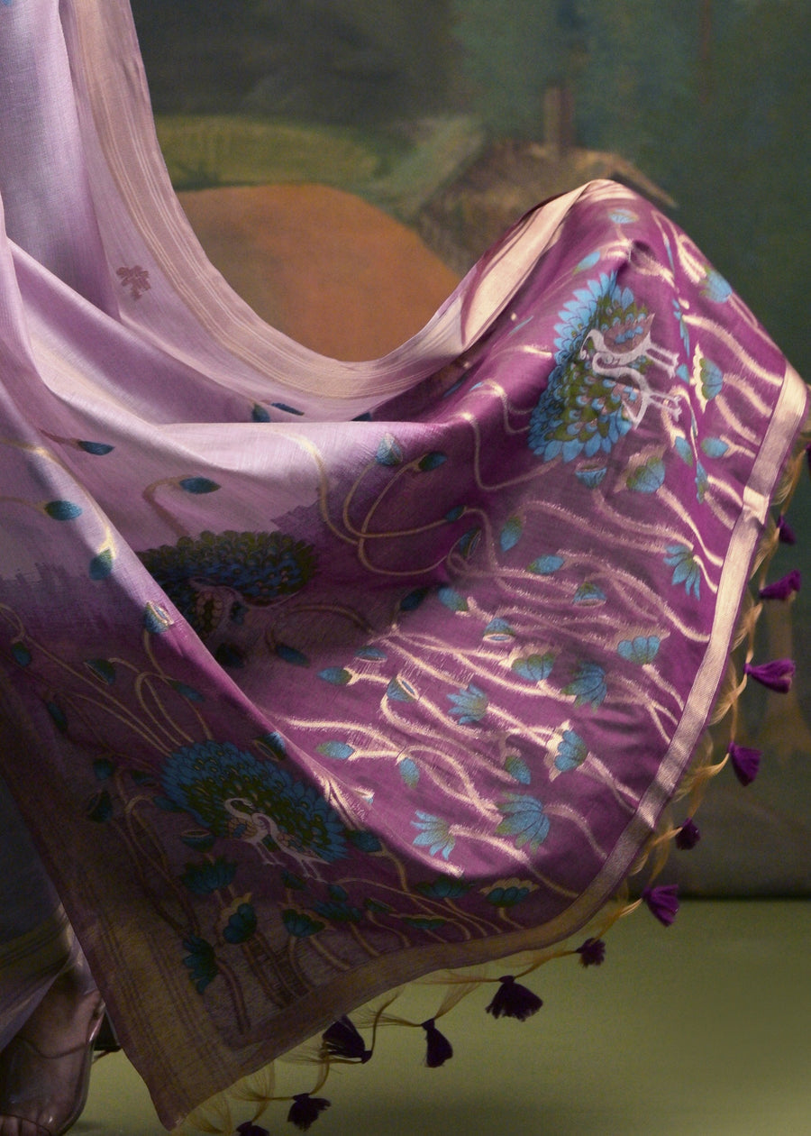Lavender Pure Soft Munga Handloom Weaving Cotton Saree