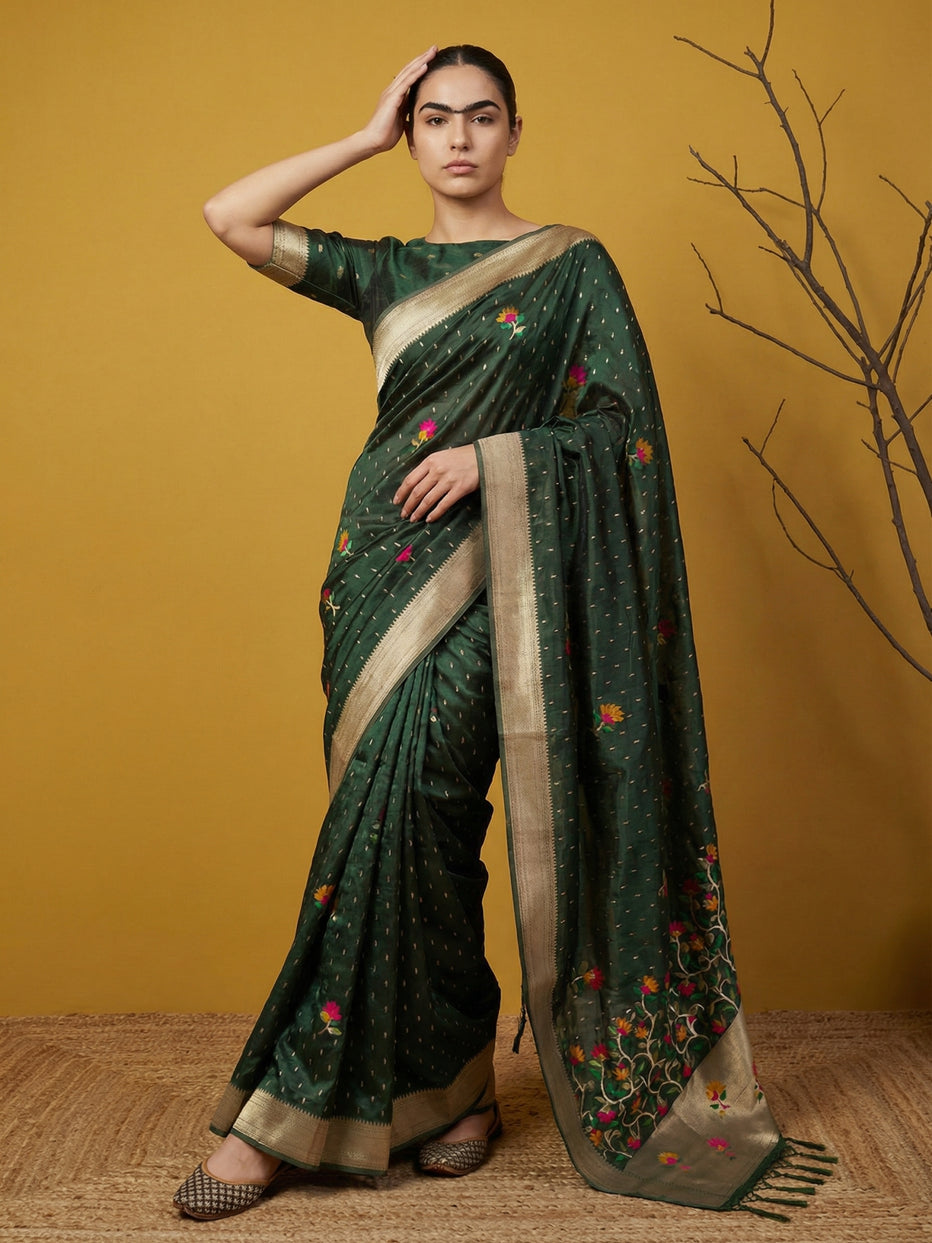 Green Pure Organza Silk Meenakari Jamdani Zari Woven Organza Saree
