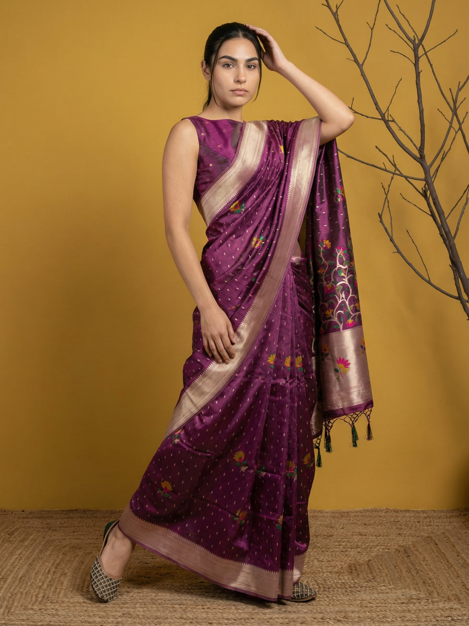 Purple Pure Organza Silk Meenakari Jamdani Zari Woven Organza Saree