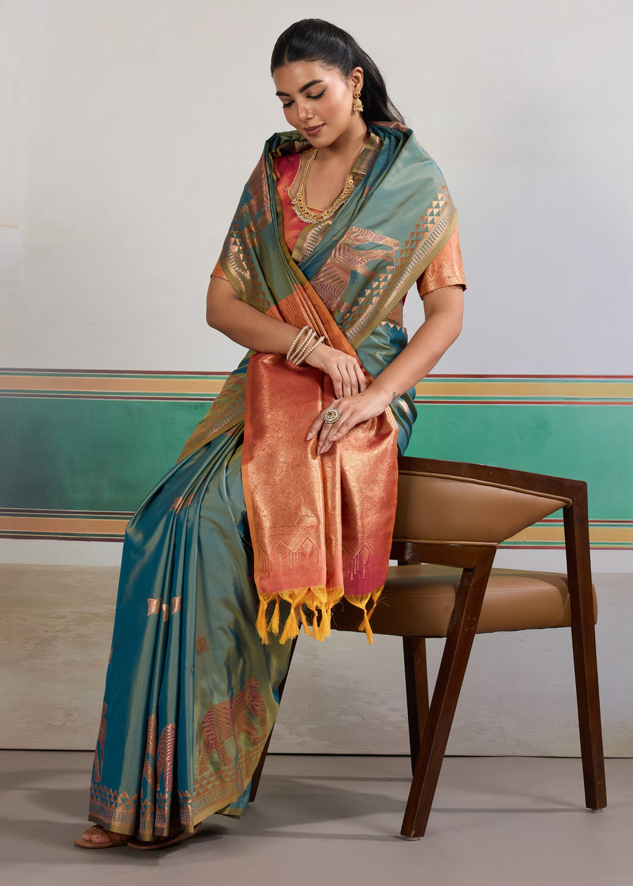 Teal Blue Pure Soft Silk Handloom Saree Panetar Saree Anant Tex Exports Pvt.Ltd..