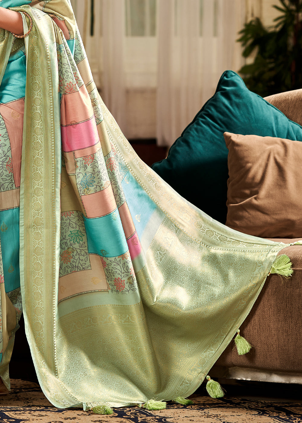 Green Banarasi Digital Printed Soft Silk Saree