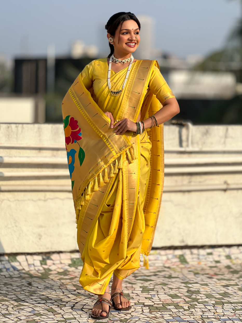 Yellow Wedding Special Nauvari Paithani Soft Silk Saree ##color## Paithani Saree with premium fabric and embroidery