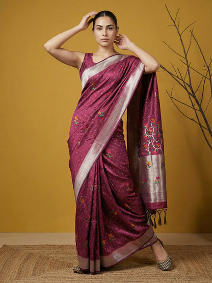 Purple Pure Organza Silk Meenakari Jamdani Zari Woven Organza Saree
