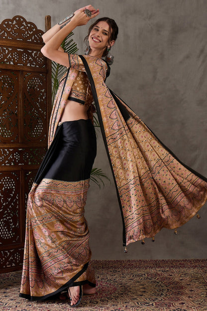 Ebony Black Pure Soft Modal Satin Ajrakh Print Satin Saree Japan Satin Saree Anant Tex Exports Pvt.Ltd..