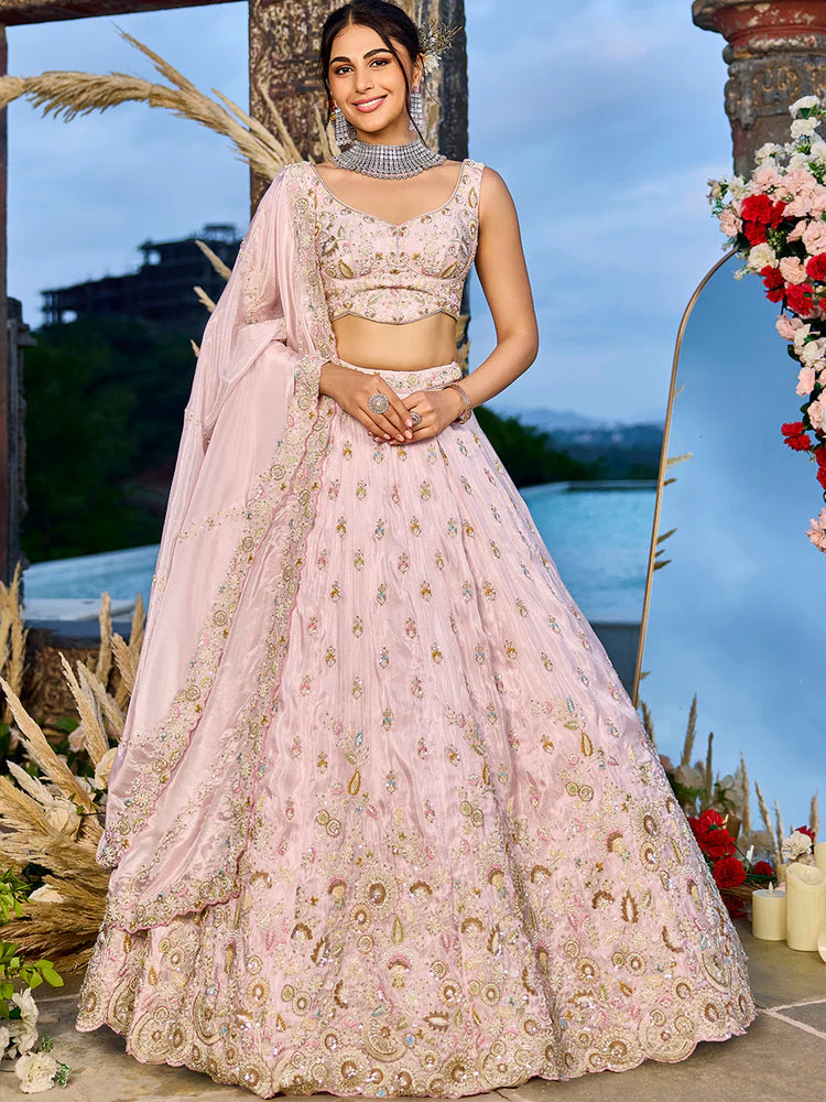 Blush Pink Tissue Silk Sequins Embroidered Lehenga Choli with Dupatta