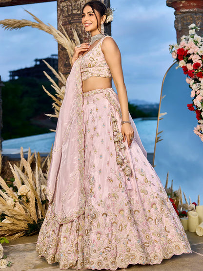 Blush Pink Tissue Silk Sequins Embroidered Lehenga Choli with Dupatta