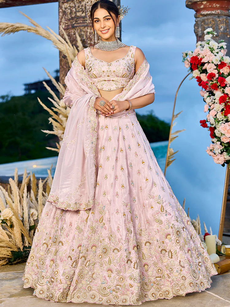 Blush Pink Tissue Silk Sequins Embroidered Lehenga Choli with Dupatta