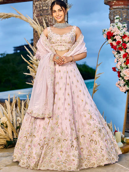 Blush Pink Tissue Silk Sequins Embroidered Lehenga Choli with Dupatta