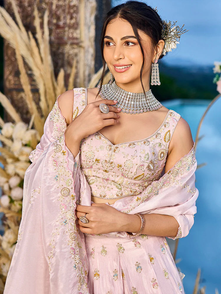 Blush Pink Tissue Silk Sequins Embroidered Lehenga Choli with Dupatta