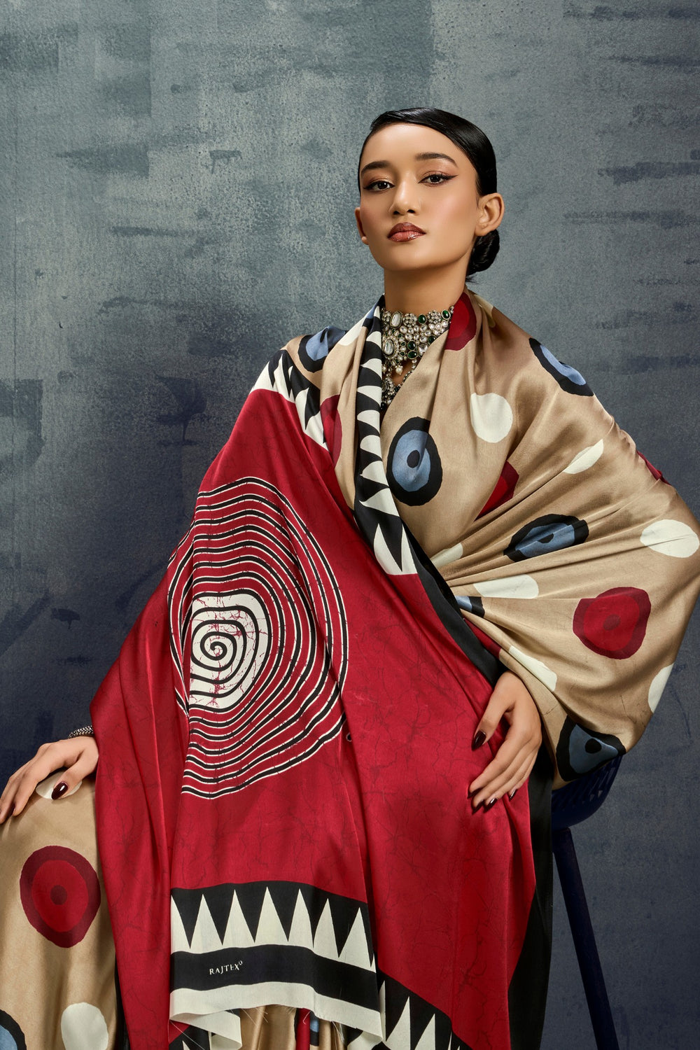 Brown Ajrakh Printed Satin Crepe Silk Saree ##color## Japan Satin Saree with premium fabric and embroidery