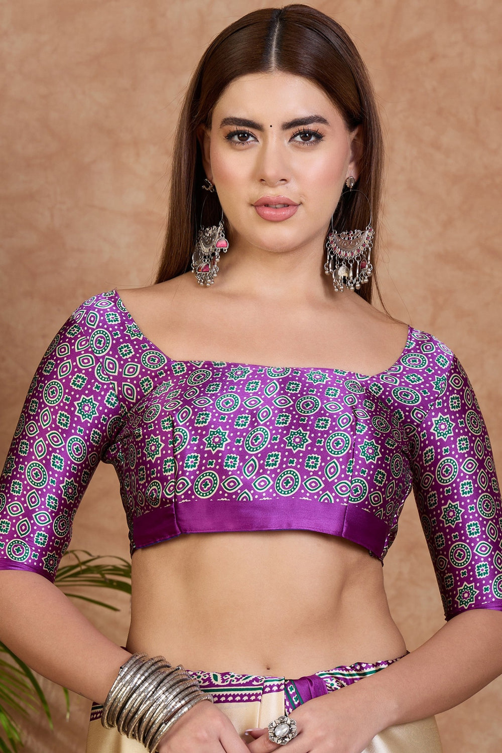 Cream and Purple Pure Soft Modal Satin Ajrakh Print Satin Saree Japan Satin Saree Anant Tex Exports Pvt.Ltd..