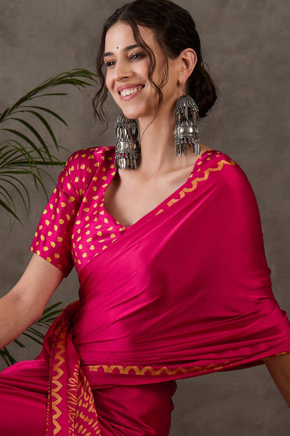 Magenta Pure Gaji Silk Satin Printed Saree 