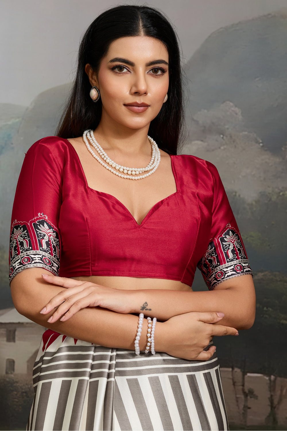 White and Red Pure Ajrakh Printed Satin Crepe Silk Saree ##color## Floral Printed Saree with premium fabric and embroidery