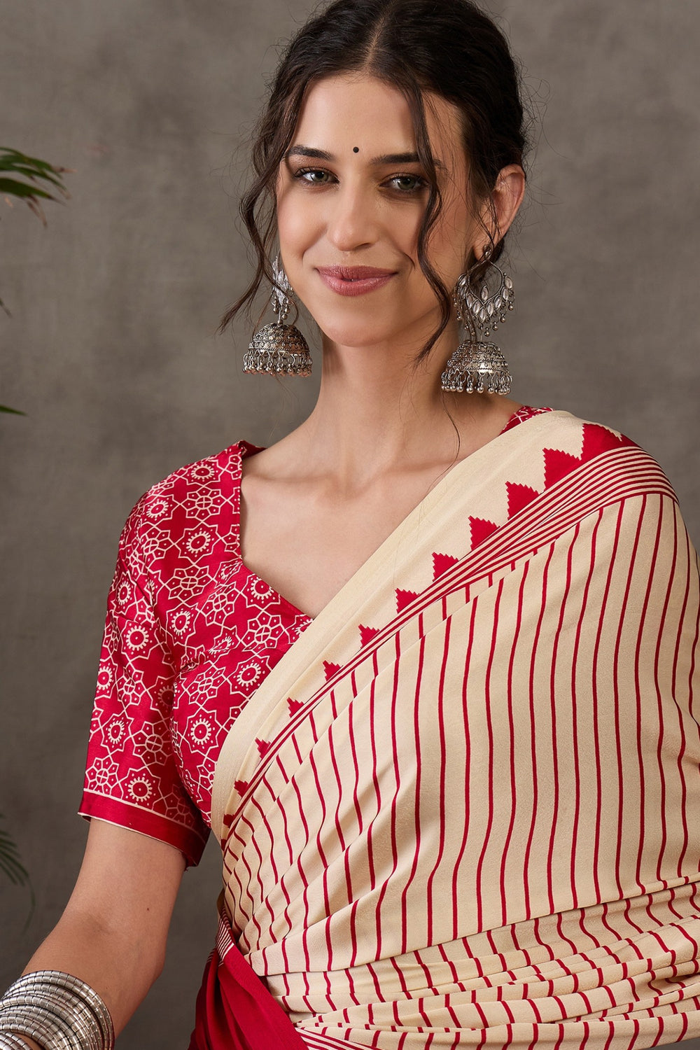 Almond Cream and Red Printed Satin Gaji Silk Saree ##color## Japan Satin Saree with premium fabric and embroidery