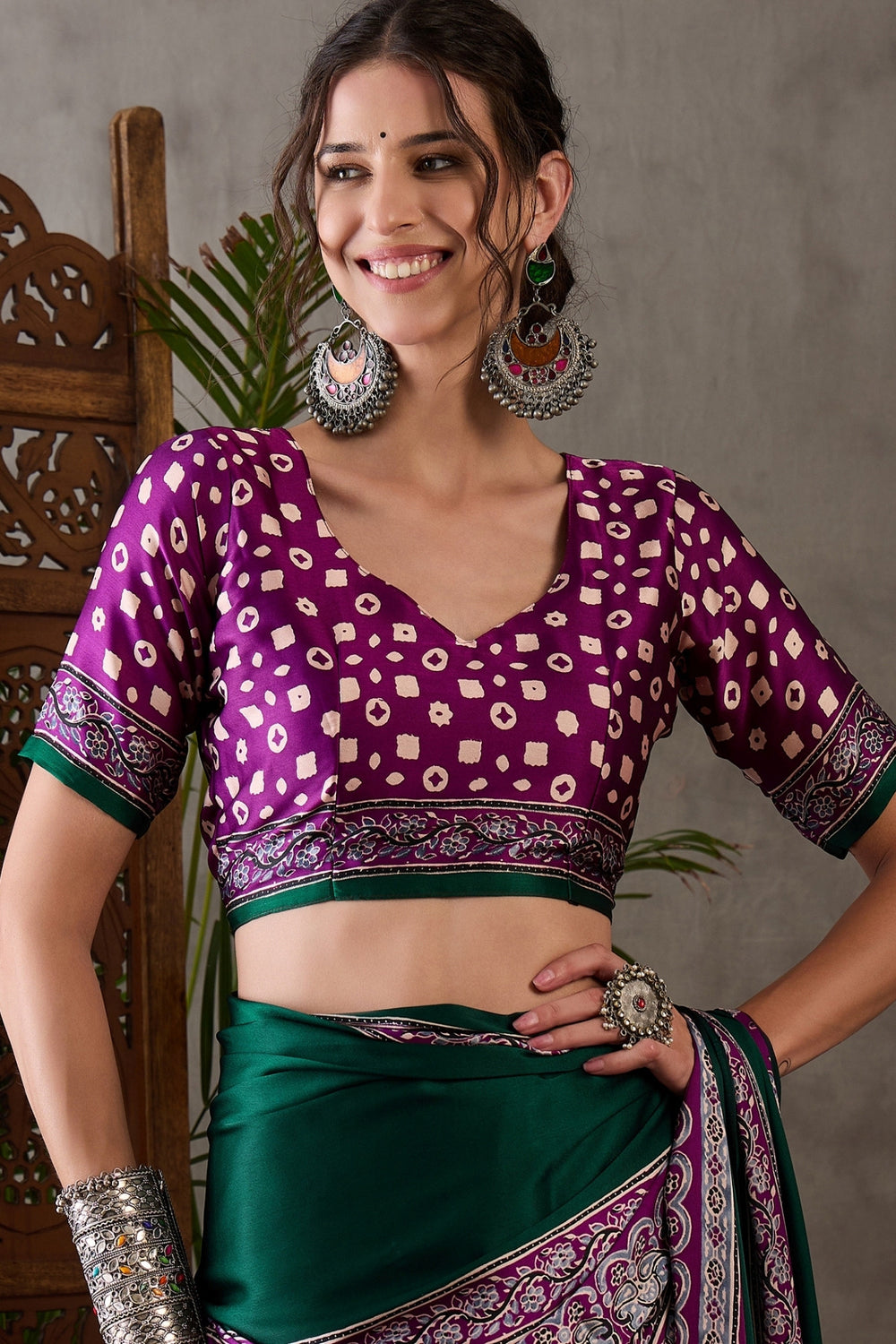 Bottle Green Pure Soft Modal Satin Ajrakh Print Satin Saree