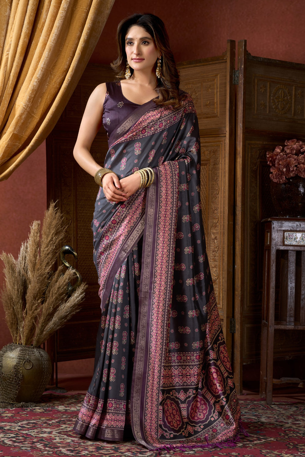 Grey Pure Cluster Silk Ajarkh Digital Printed Saree ##color## Floral Printed Saree with premium fabric and embroidery