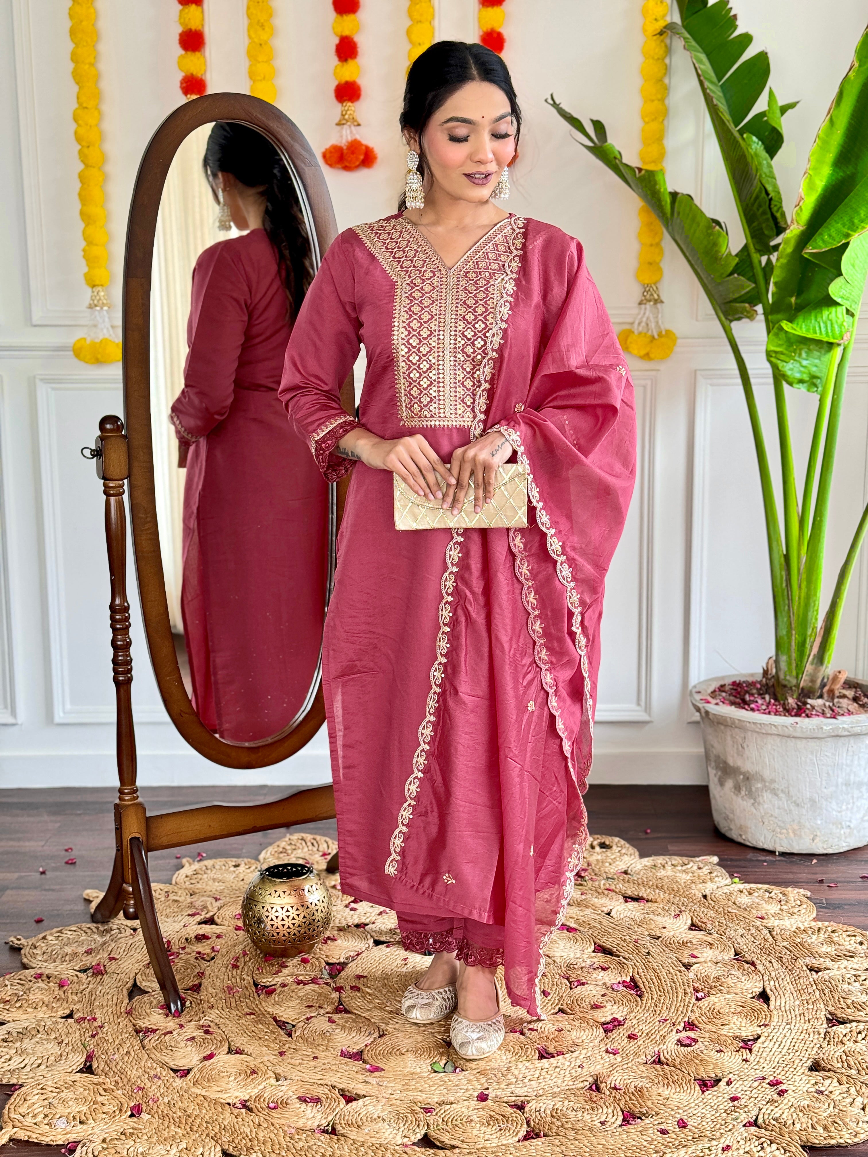 Dusty Rose Viscose Chanderi Kurti Set with Intricate Embroidery