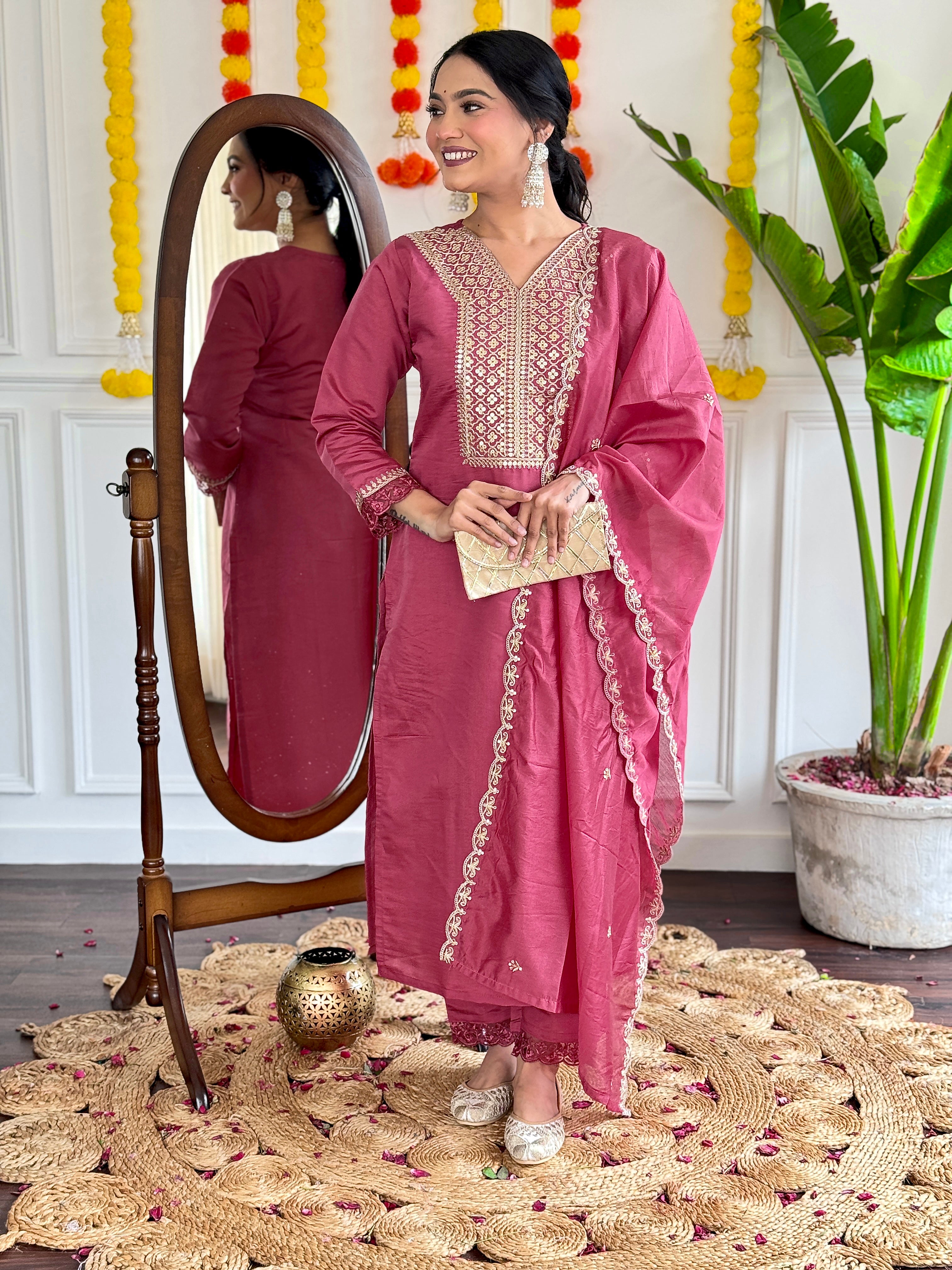 Dusty Rose Viscose Chanderi Kurti Set with Intricate Embroidery