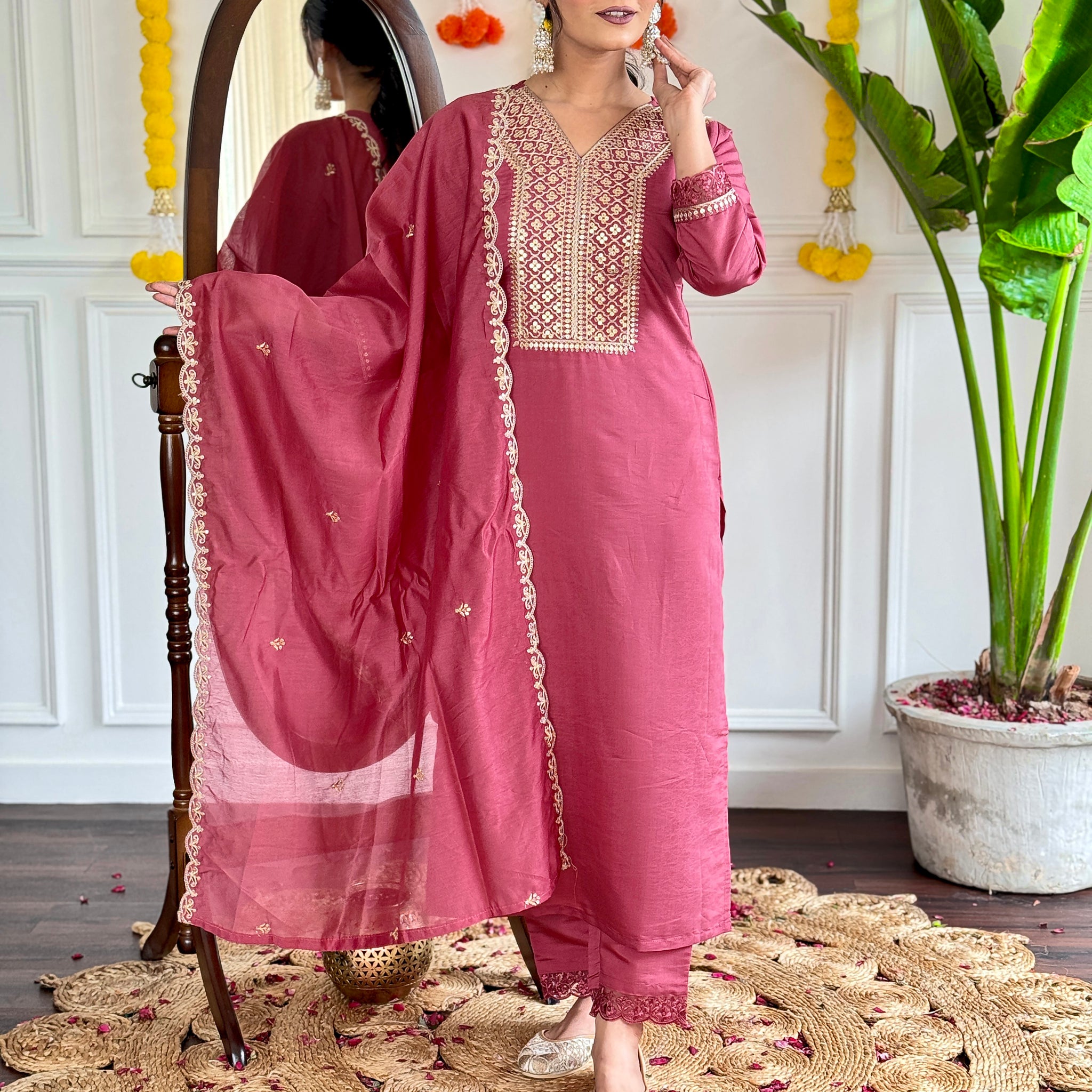 Dusty Rose Viscose Chanderi Kurti Set with Intricate Embroidery