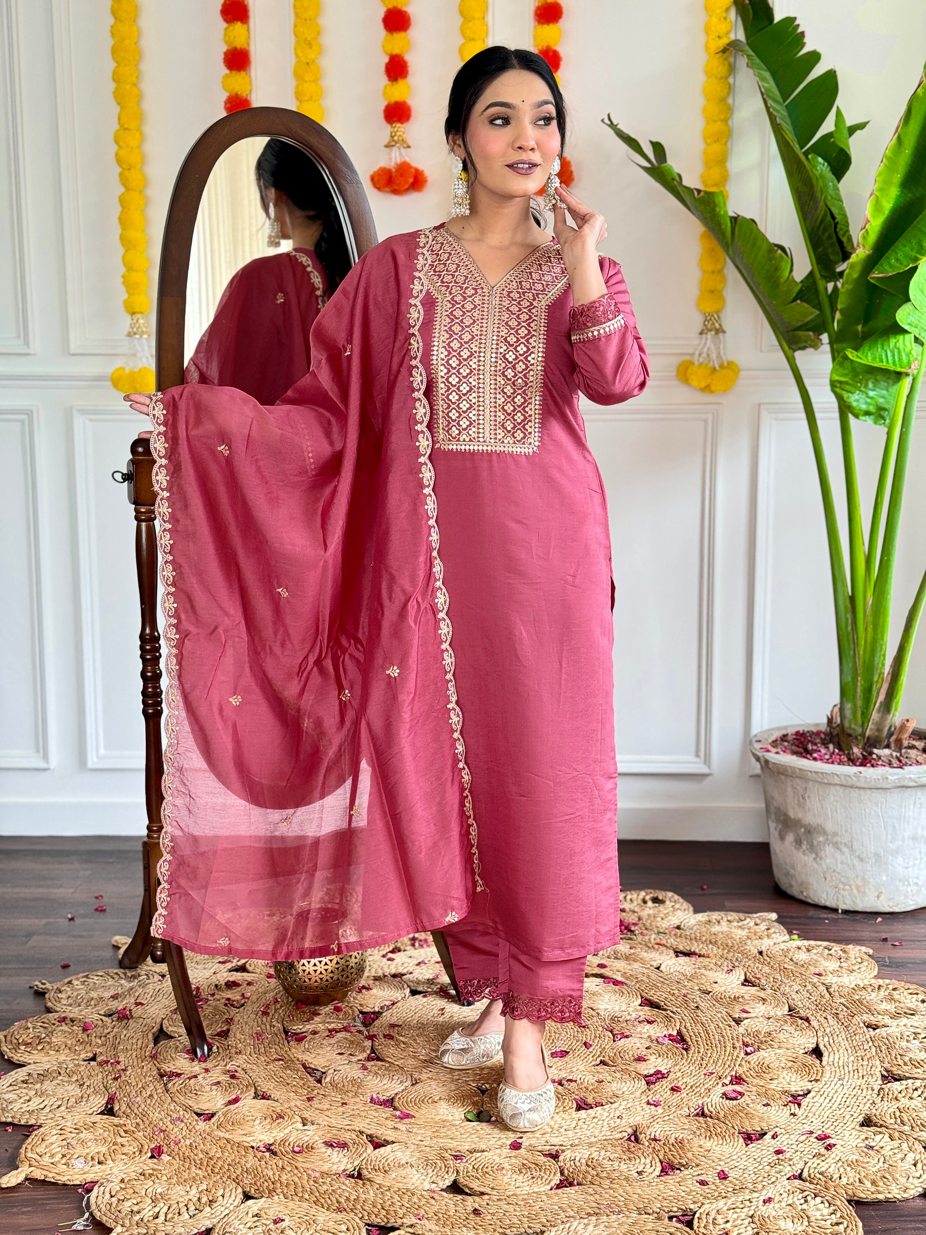 Dusty Rose Viscose Chanderi Kurti Set with Intricate Embroidery