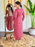 Dusty Rose Viscose Chanderi Kurti Set with Intricate Embroidery
