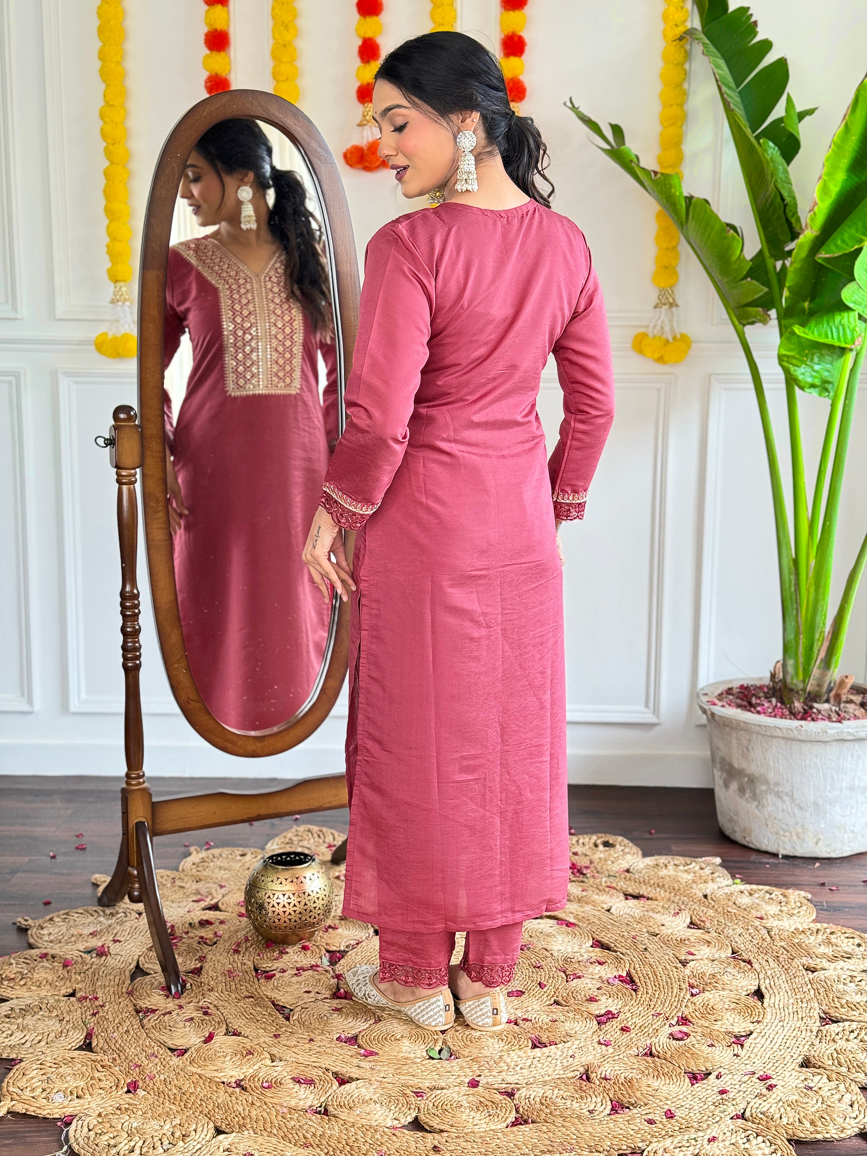 Dusty Rose Viscose Chanderi Kurti Set with Intricate Embroidery