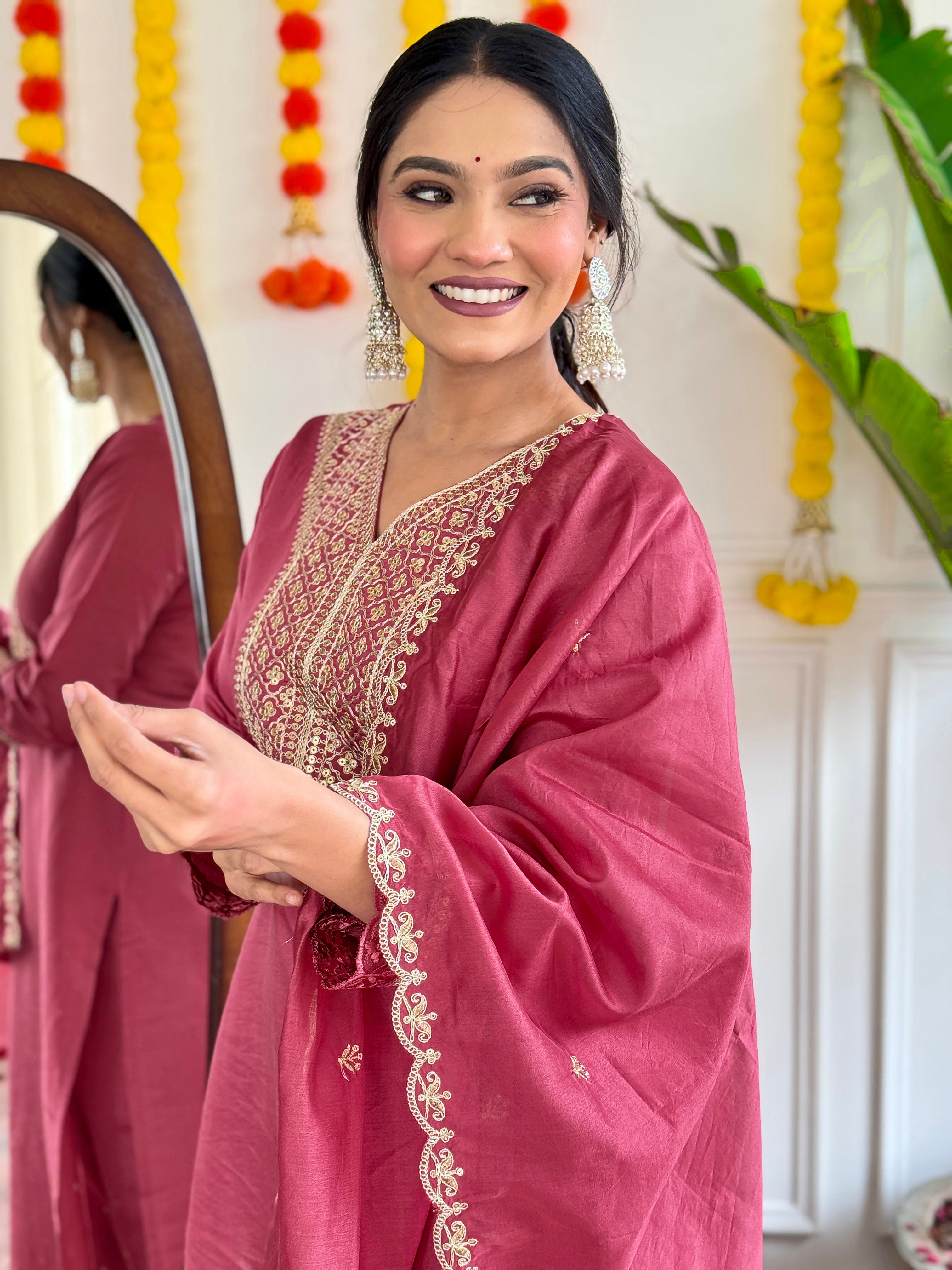 Dusty Rose Viscose Chanderi Kurti Set with Intricate Embroidery