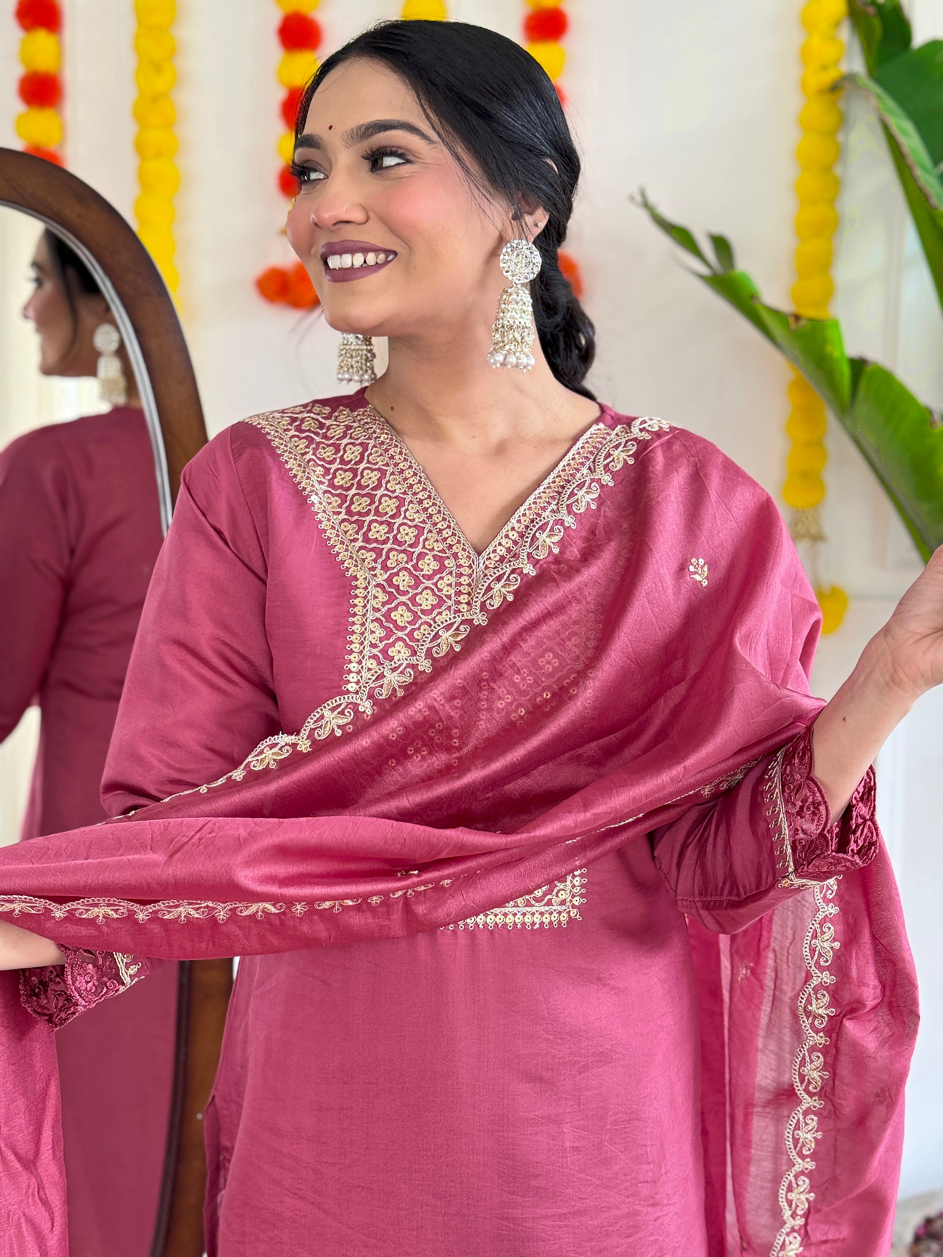 Dusty Rose Viscose Chanderi Kurti Set with Intricate Embroidery