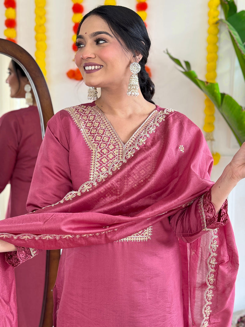 Dusty Rose Viscose Chanderi Kurti Set with Intricate Embroidery