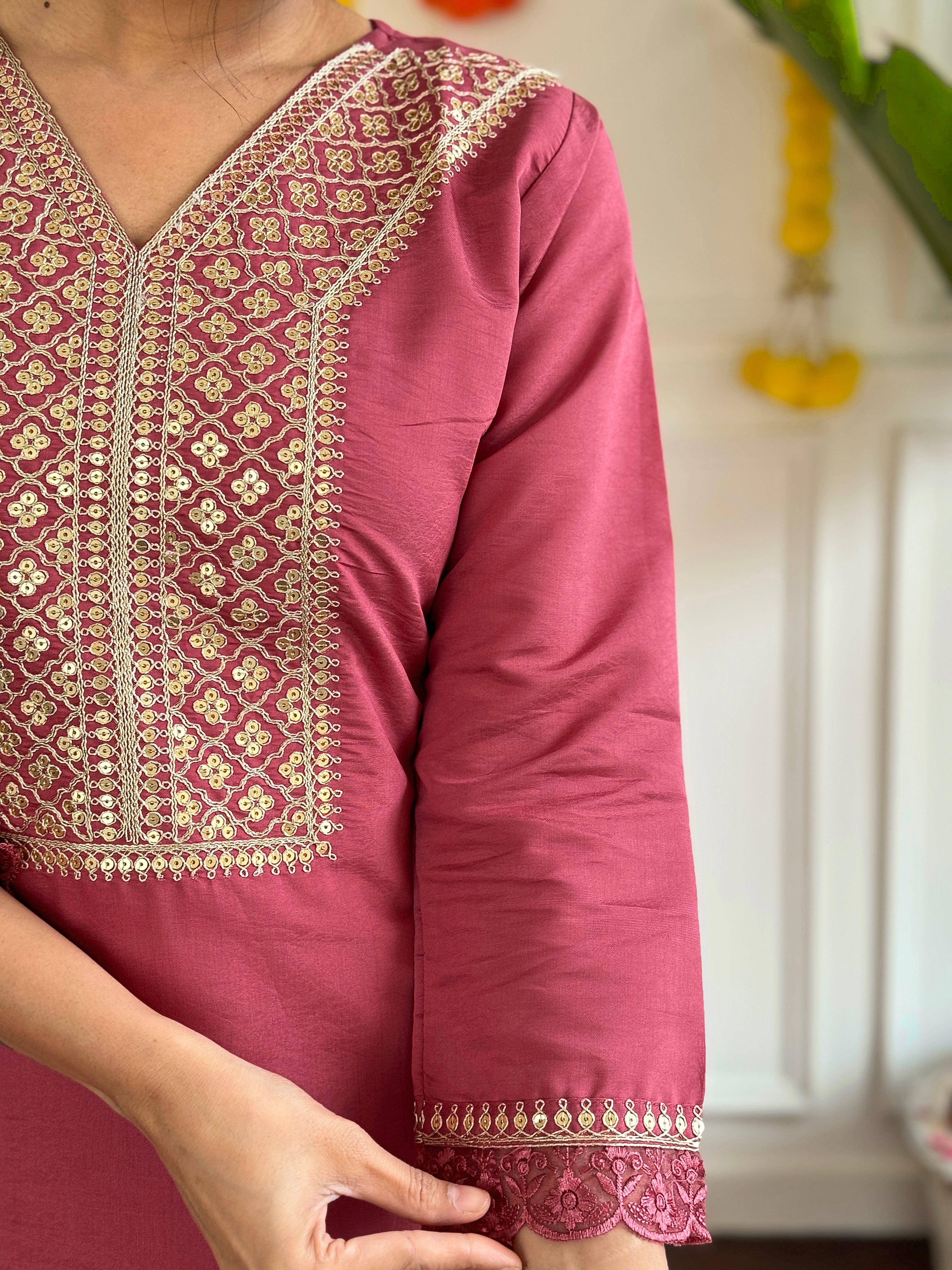 Dusty Rose Viscose Chanderi Kurti Set with Intricate Embroidery