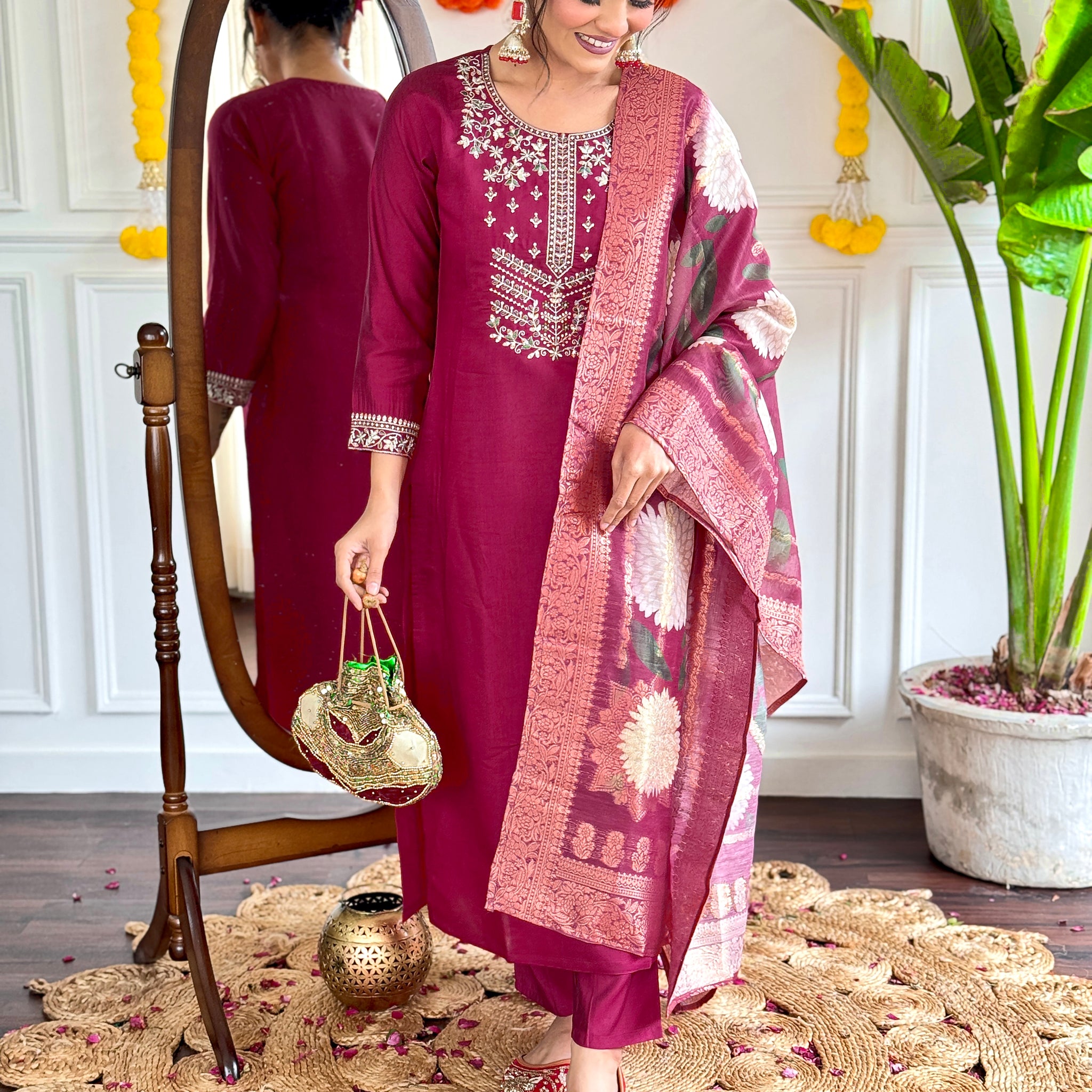 Wine Viscose Chanderi Kurti Set with Heavy Embroidery