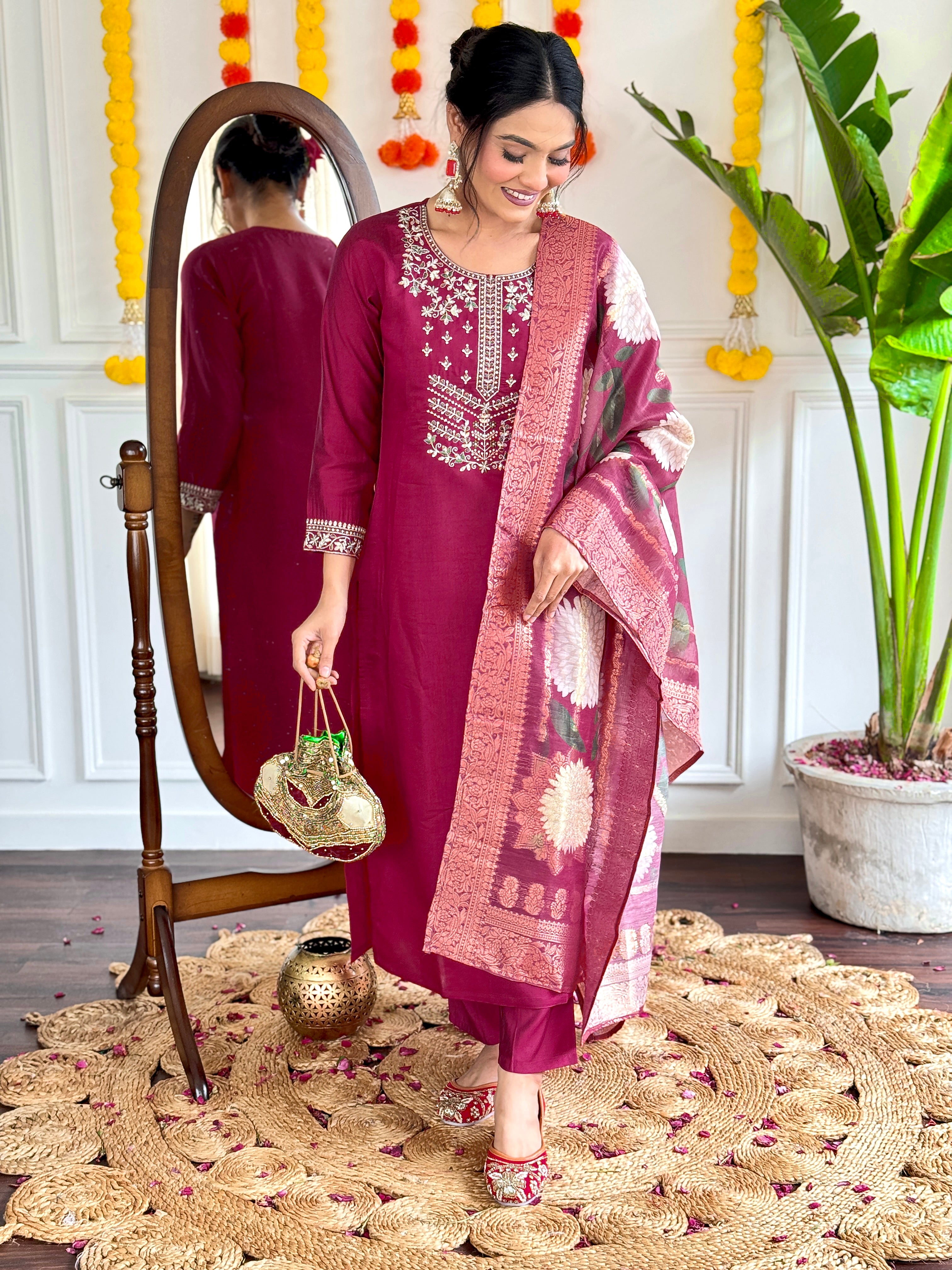 Wine Viscose Chanderi Kurti Set with Heavy Embroidery