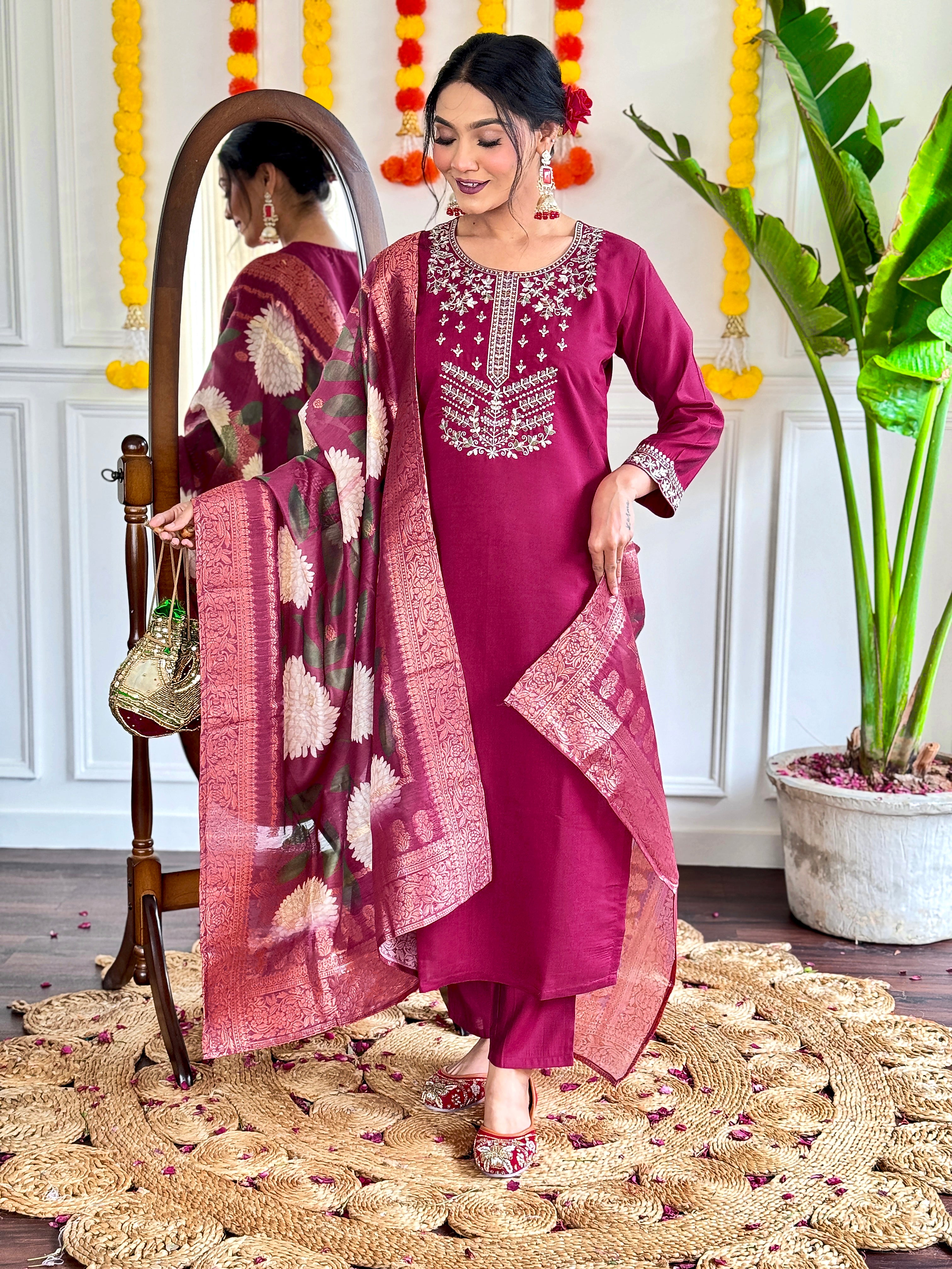 Wine Viscose Chanderi Kurti Set with Heavy Embroidery