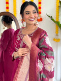 Wine Viscose Chanderi Kurti Set with Heavy Embroidery