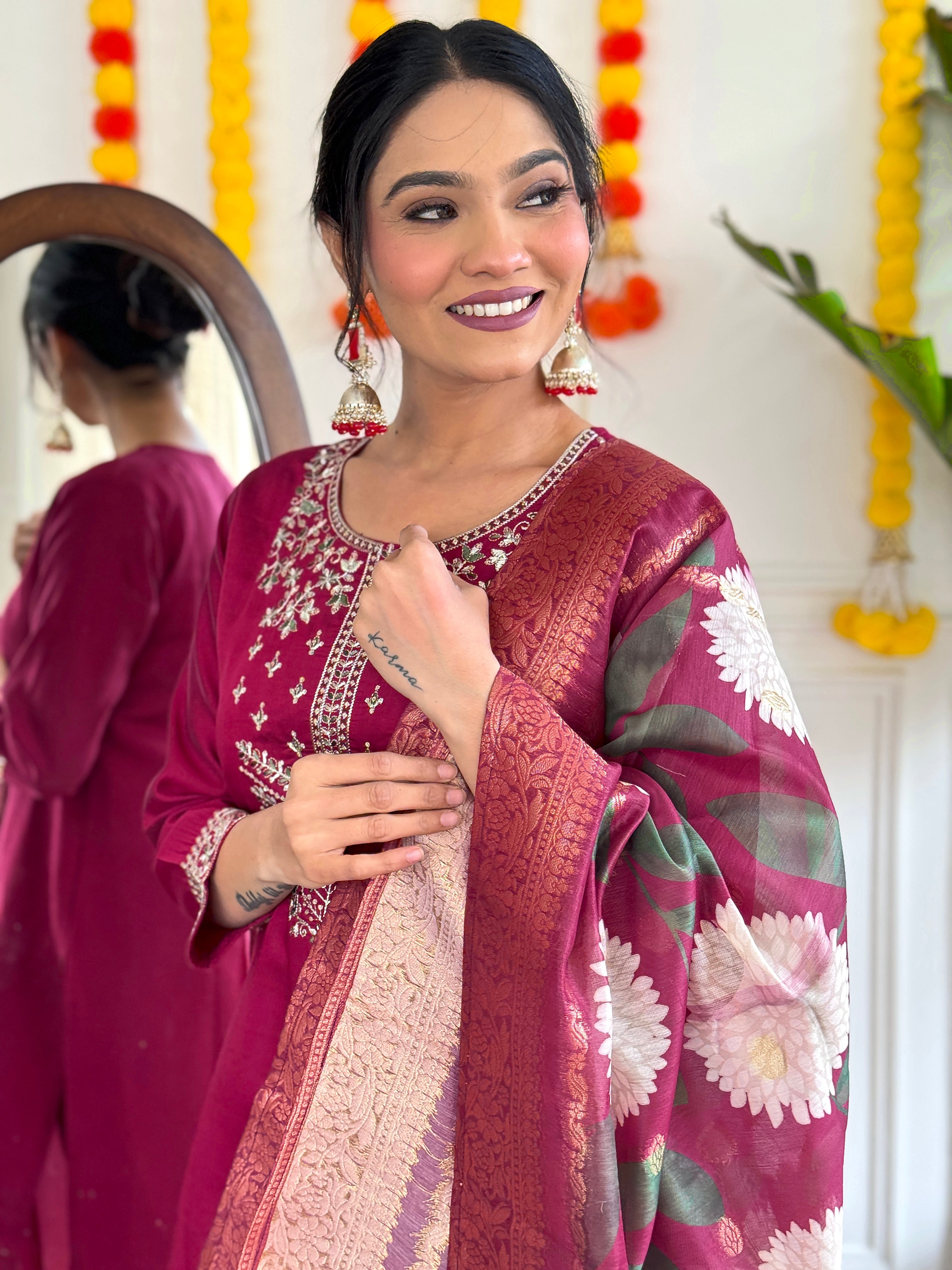 Wine Viscose Chanderi Kurti Set with Heavy Embroidery