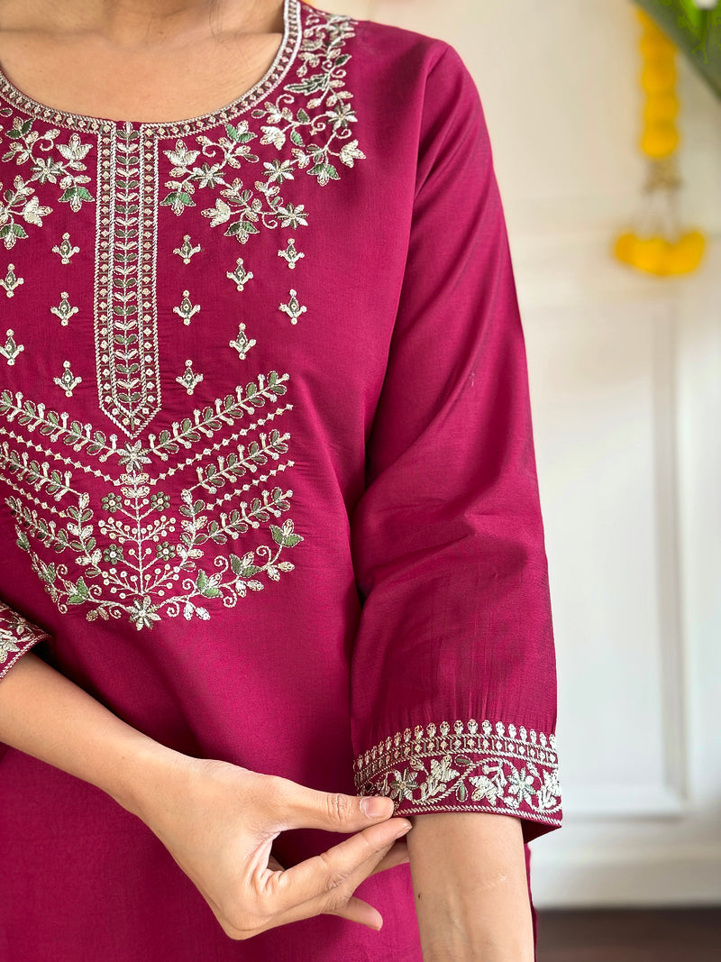 Wine Viscose Chanderi Kurti Set with Heavy Embroidery