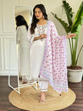 White & Pink Viscose Chanderi Kurti Set with Floral Embroidery